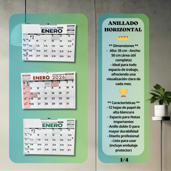 ANILLO H info Programador Calendario Pared horizontal ¼ 35 X 50 Cm 2026